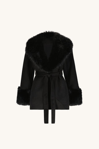 Isabel Fur Trim Coat in Black flat lay, black wool-blend coat with black faux fur trim and removable belt, The Noli Shop