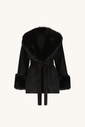 Isabel Fur Trim Coat in Black flat lay, black wool-blend coat with black faux fur trim and removable belt, The Noli Shop