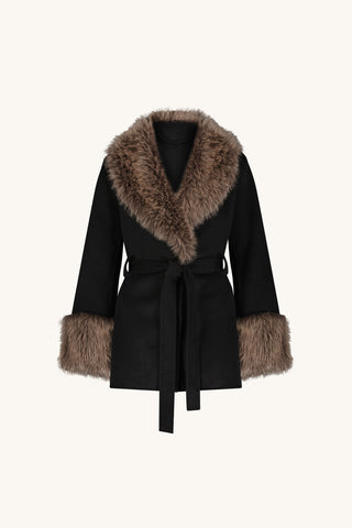 Isabel Fur Trim Coat - Black/Brown