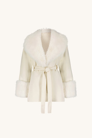 Isabel Fur Trim Coat in Pearl flat lay, ivory wool-blend coat with pearl faux fur trim and removable belt, The Noli Shop