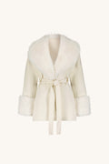 Isabel Fur Trim Coat in Pearl flat lay, ivory wool-blend coat with pearl faux fur trim and removable belt, The Noli Shop