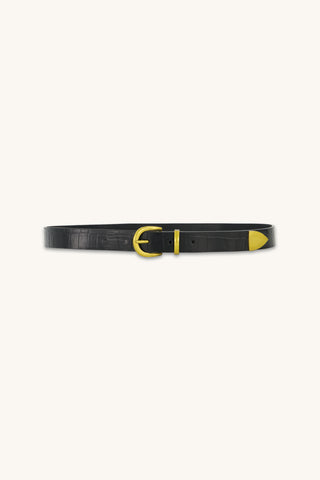 Jamie Belt in Black and Gold, croco-textured black belt with gold buckle, The Noli Shop