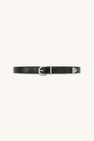 Jamie Belt in Black and Silver, croco-textured black belt with silver buckle, The Noli Shop