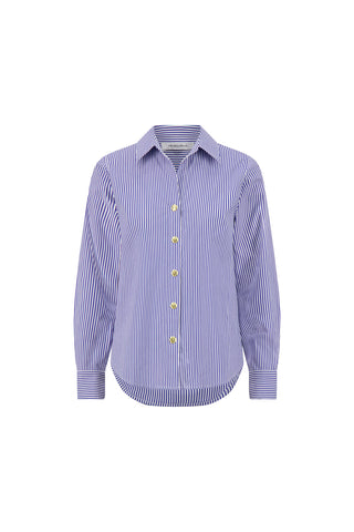 The Jasmine Shirt - Blue Stripe is a stretch poplin shirt with blue and white stripes, long sleeves, a pointed collar, and a curved hem, shown against a plain white background.