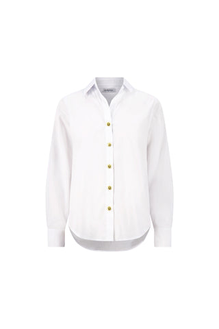 The Jasmine Shirt - White is a long-sleeve, collared, stretch poplin button-down featuring gold buttons and a pleated back yoke, shown on a plain white background.