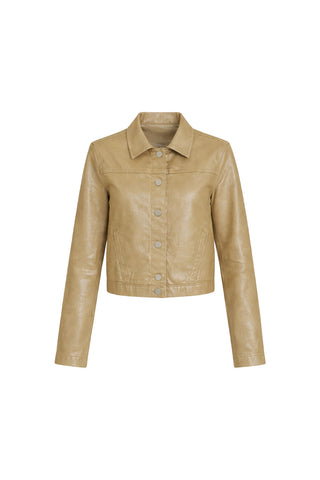 Joelle Jean Jacket - Champagne: Slim-fit, light brown faux leather jacket with collar, long sleeves, front buttons, and two chest pockets, shown on a white background.