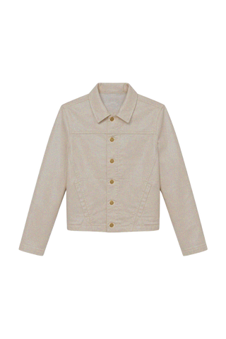 The Joelle Jean Jacket - Champagne is a slim-fit beige layer with long sleeves, classic collar, front button closure, and two slanted front pockets, shown against a plain white background.