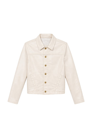 The Joelle Jean Jacket in ivory is a cream-colored, slim-fit jacket with a pointed collar, front button closure, long sleeves, and two side pockets, laid flat on a white background.