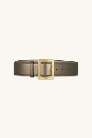 Josie Belt in Bronze, wide bronze belt with squared gold buckle, The Noli Shop