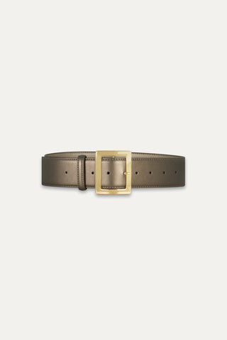 Josie Belt - Bronze, featuring rich brown leather and a large square gold buckle, displayed coiled flat on a plain white background. This wide belt elevates any outfit with its sophisticated style.