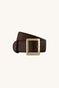Josie Belt in Espresso, wide deep brown belt with squared gold buckle, The Noli Shop