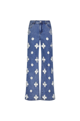 Kaia Pearl High Rise Jean - Medium Blue: Wide-leg denim with pearl and floral embroidery, front pockets, and button-zip closure.