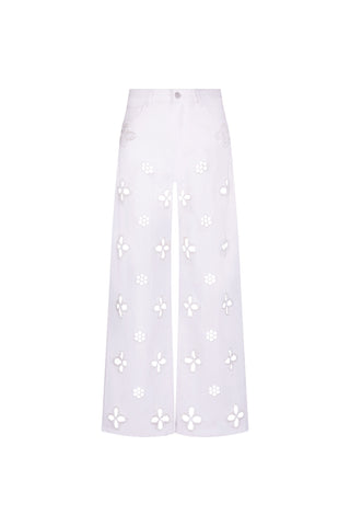 The Kaia Pearl High Rise Jean in White features stretch denim, a high-rise waist, front button closure, side and back pockets, and embroidered floral cutout details on the legs.