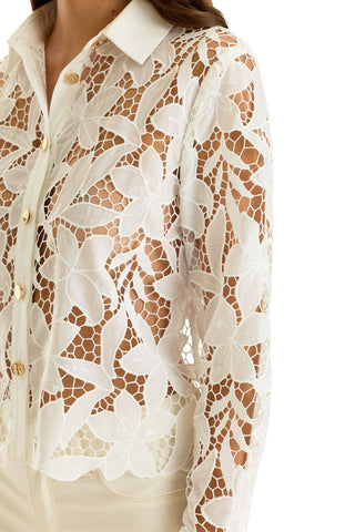 A woman wears the Mina Lace Blouse in white, featuring floral lace, gold buttons, a collared neckline, long sleeves, and semi-sheer cut-out details. She pairs it with cream pants against a white background.