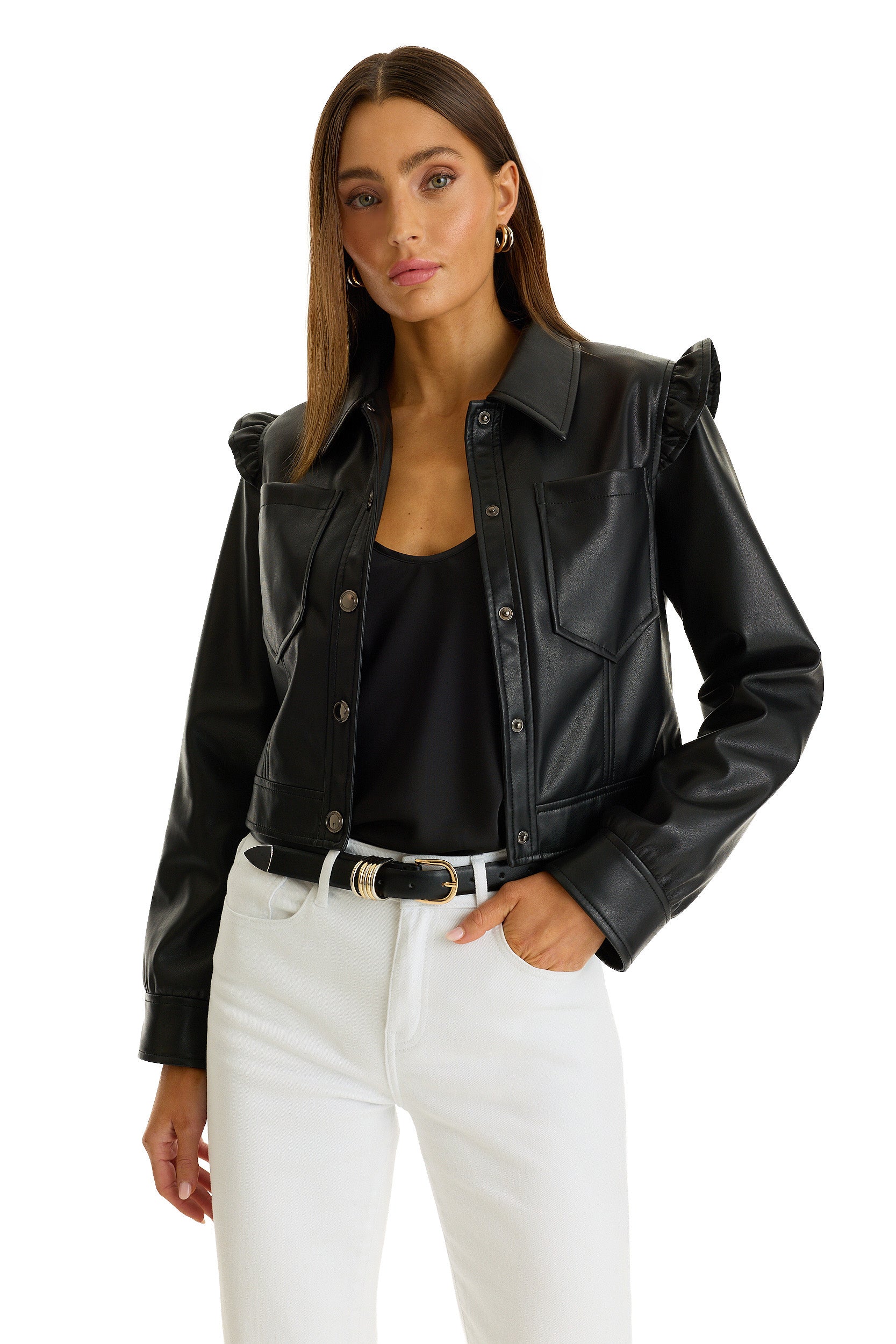 Chantal Ruffle Sleeve Leather Jacket - Black – The Noli Shop