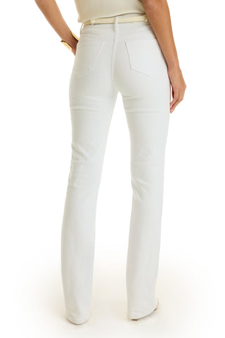 A person is shown from the waist down, facing away from the camera, wearing Aria Flare Jean - White with a light top. Their left hand rests in a back pocket against a white background.