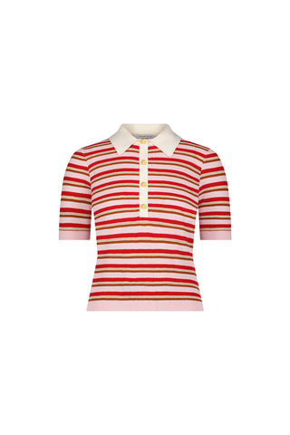 The Leya Polo Shirt - Summer Multi features ultra-soft knit fabric with red and pink stripes, a white collar, and a front placket with five gold embossed buttons. Its fitted silhouette is shown on a plain white background.