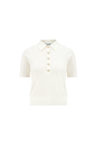 The Leya Rose Polo Shirt - Pearl features a cream short-sleeve design in ultra-soft knit fabric, a polo collar, and five front buttons.