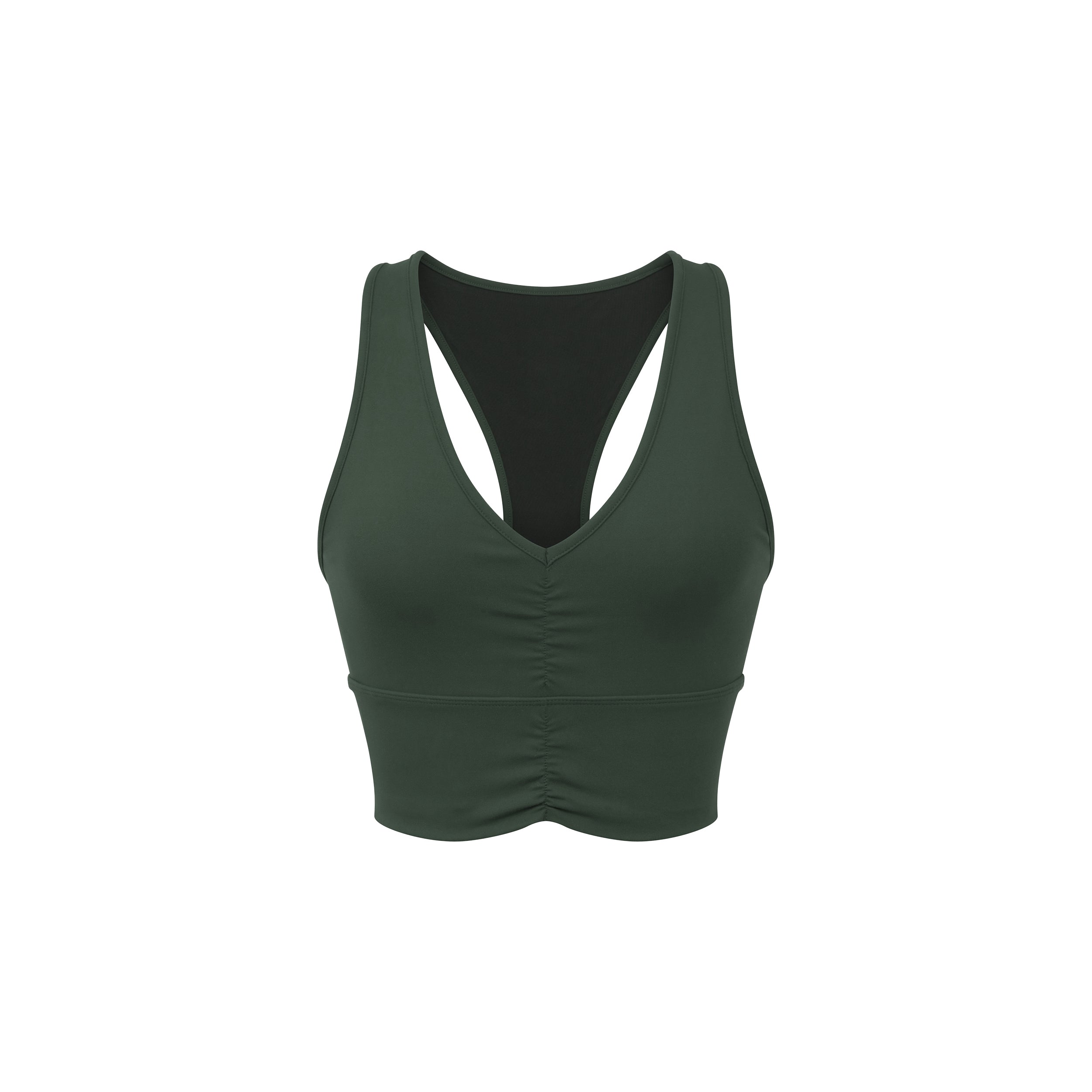 Product shot of green racerback bra with ruched front