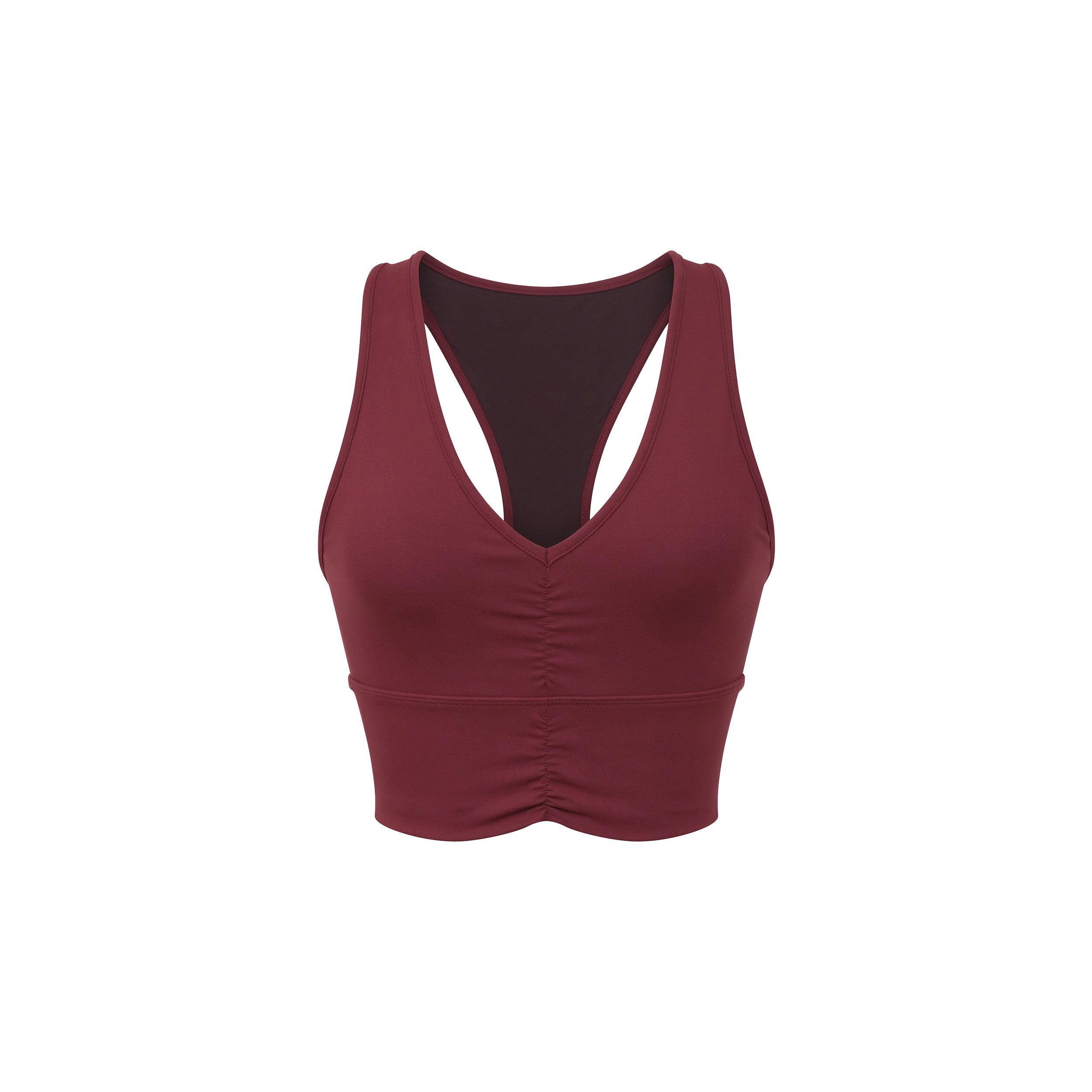 Product shot of red racerback bra with ruched front