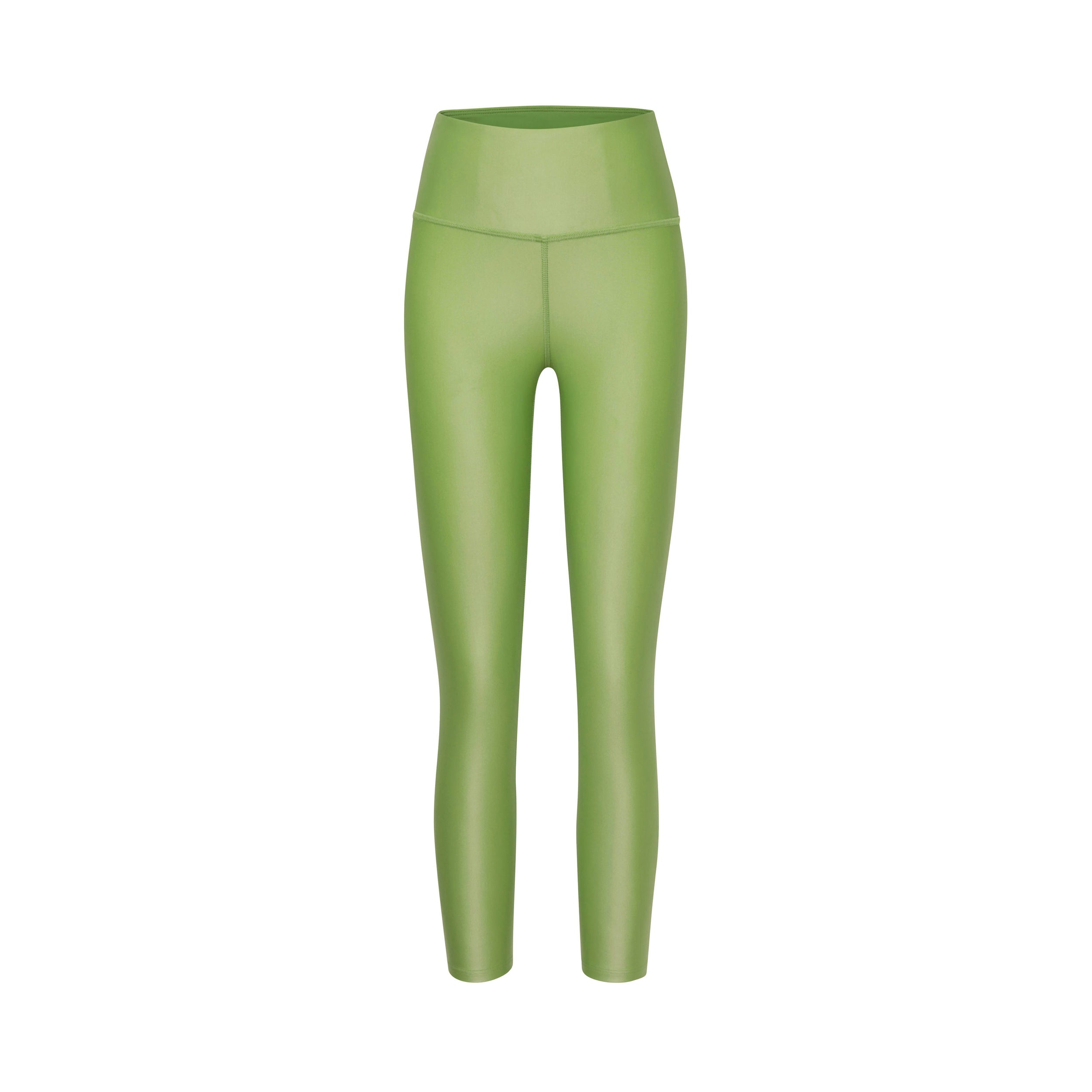 Product shot view of lightweight, lustrous shine, quick drying green liquid leggings