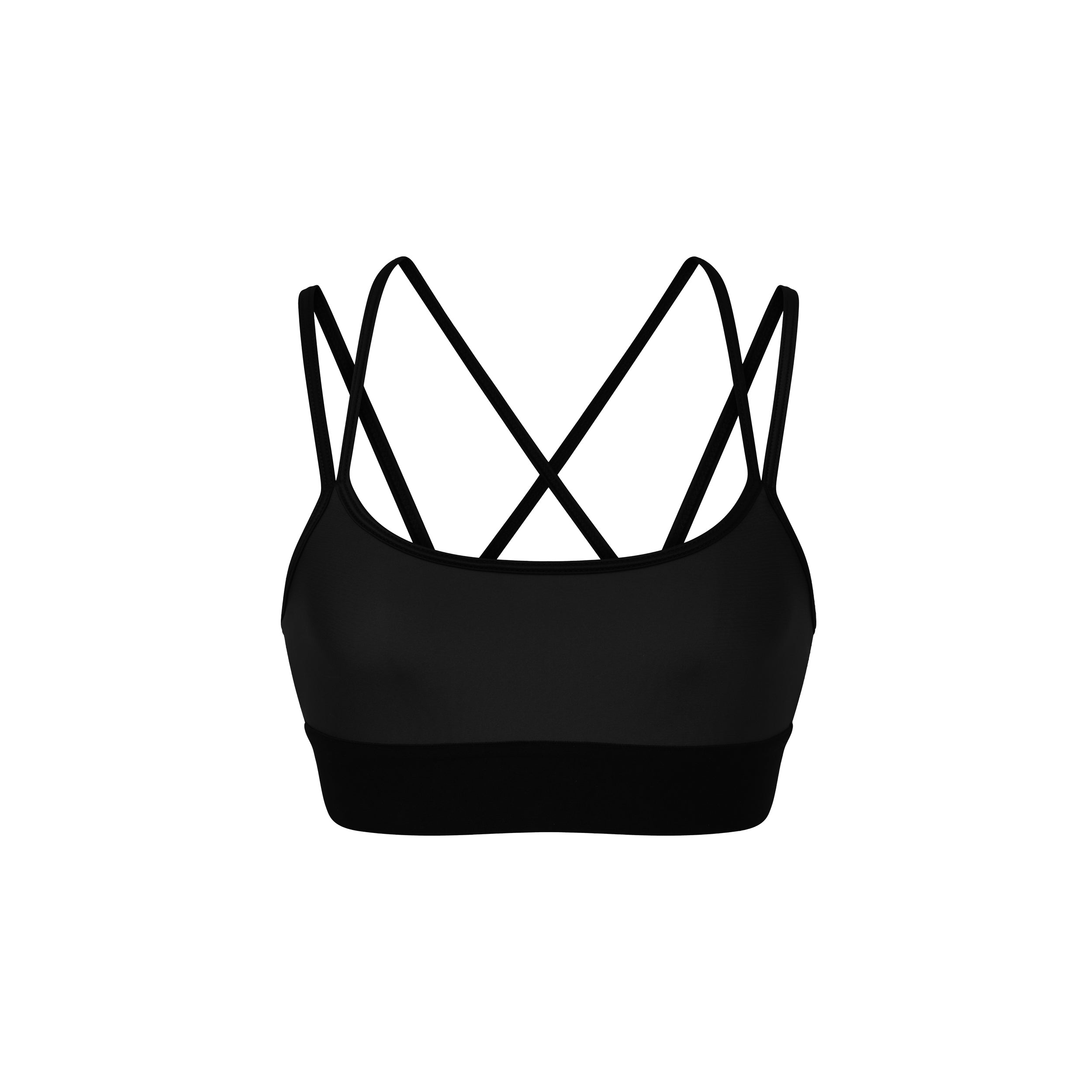 Product shot of black gloss liquid sports bra featuring a scoop neckline and an alluring strappy back with a supportive elastic band