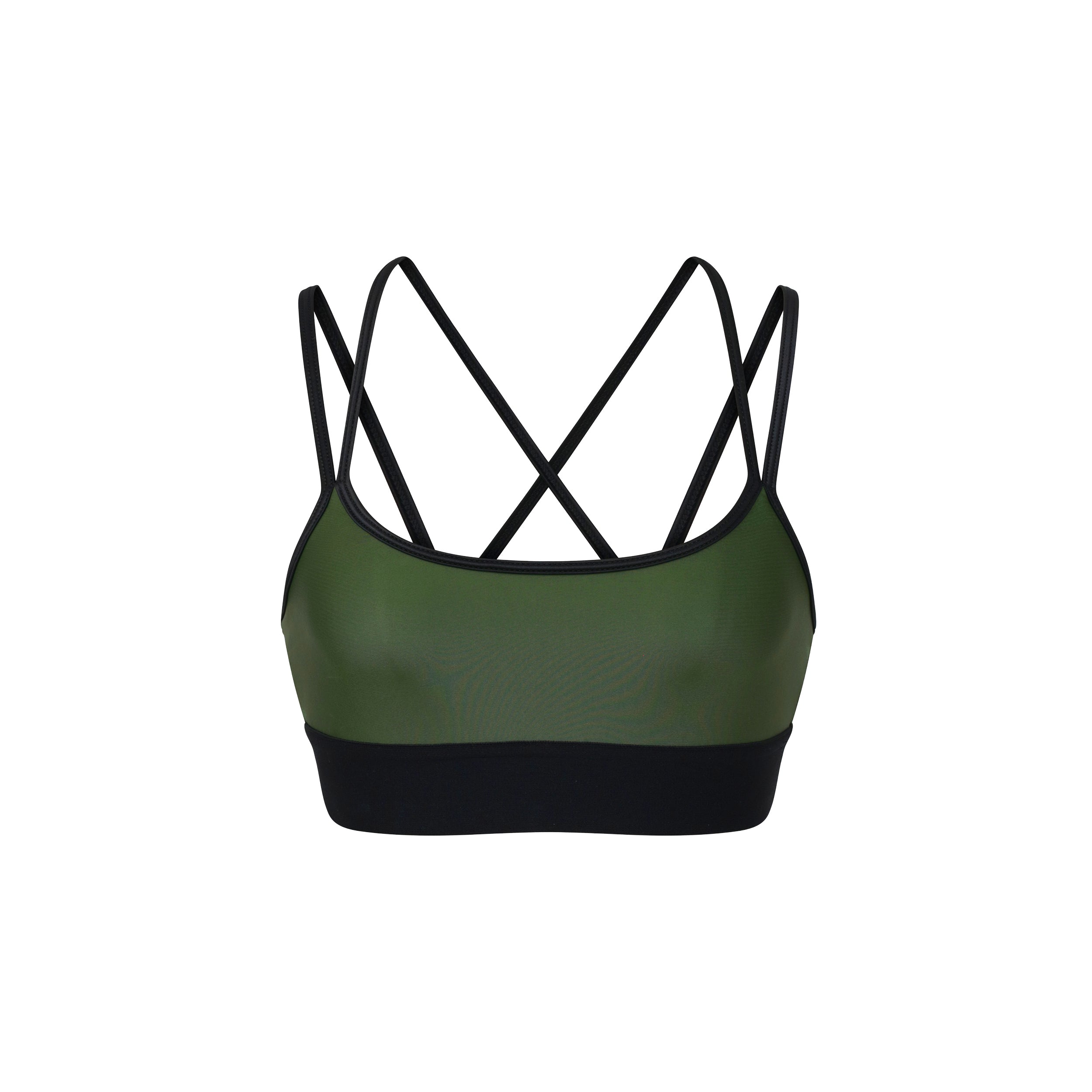 Product shot of hunter green gloss liquid sports bra featuring a scoop neckline and an alluring strappy back with a supportive elastic band