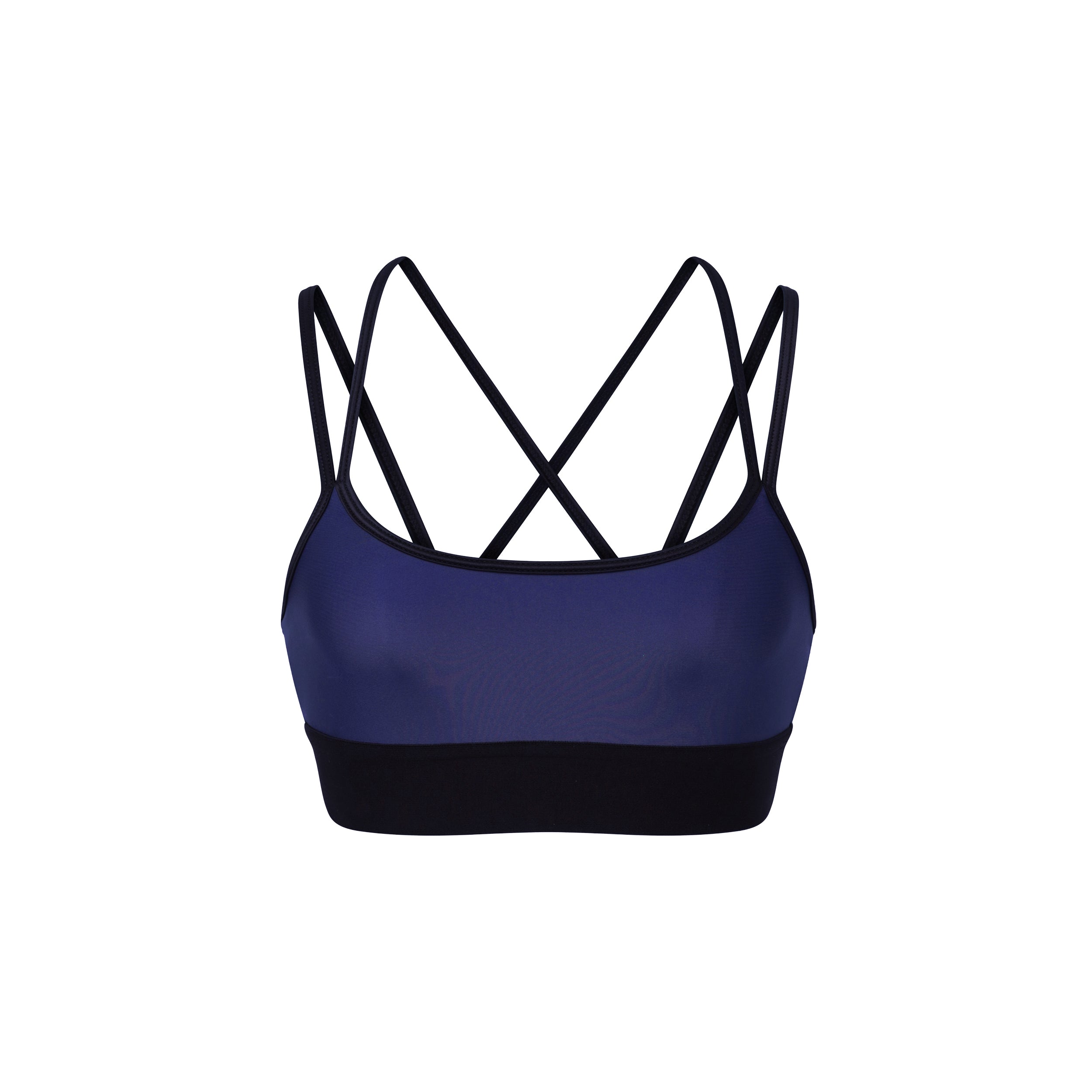 Product shot of navy blue gloss liquid sports bra featuring a scoop neckline and an alluring strappy back with a supportive elastic band