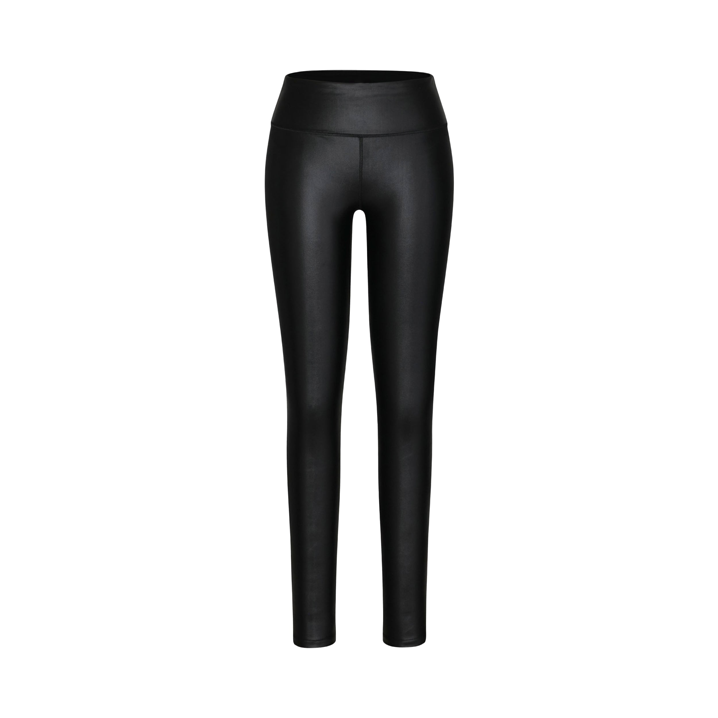 Product view of lightweight, lustrous shine, quick drying black gloss liquid leggings