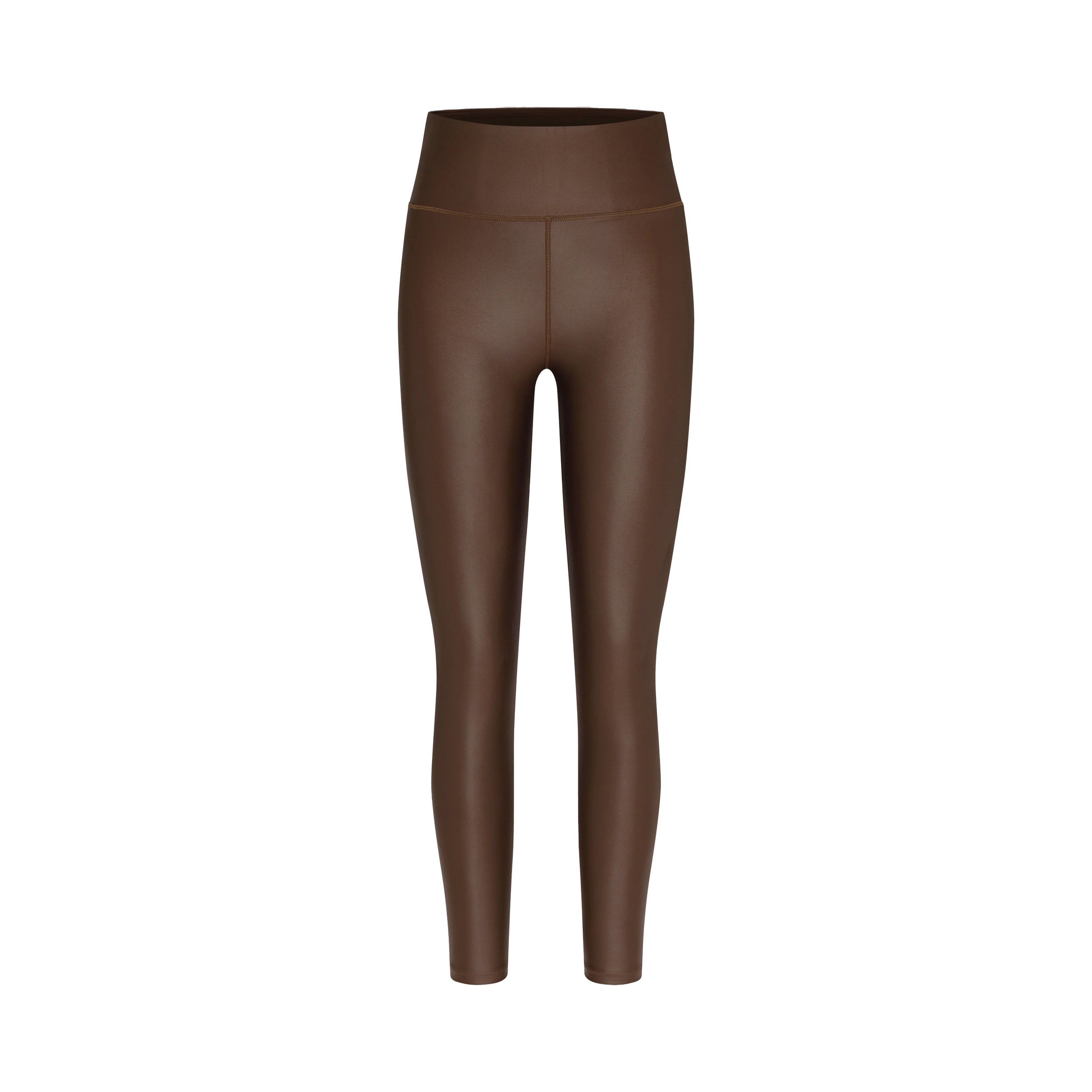 Product view of lightweight, lustrous shine, quick drying brown liquid leggings
