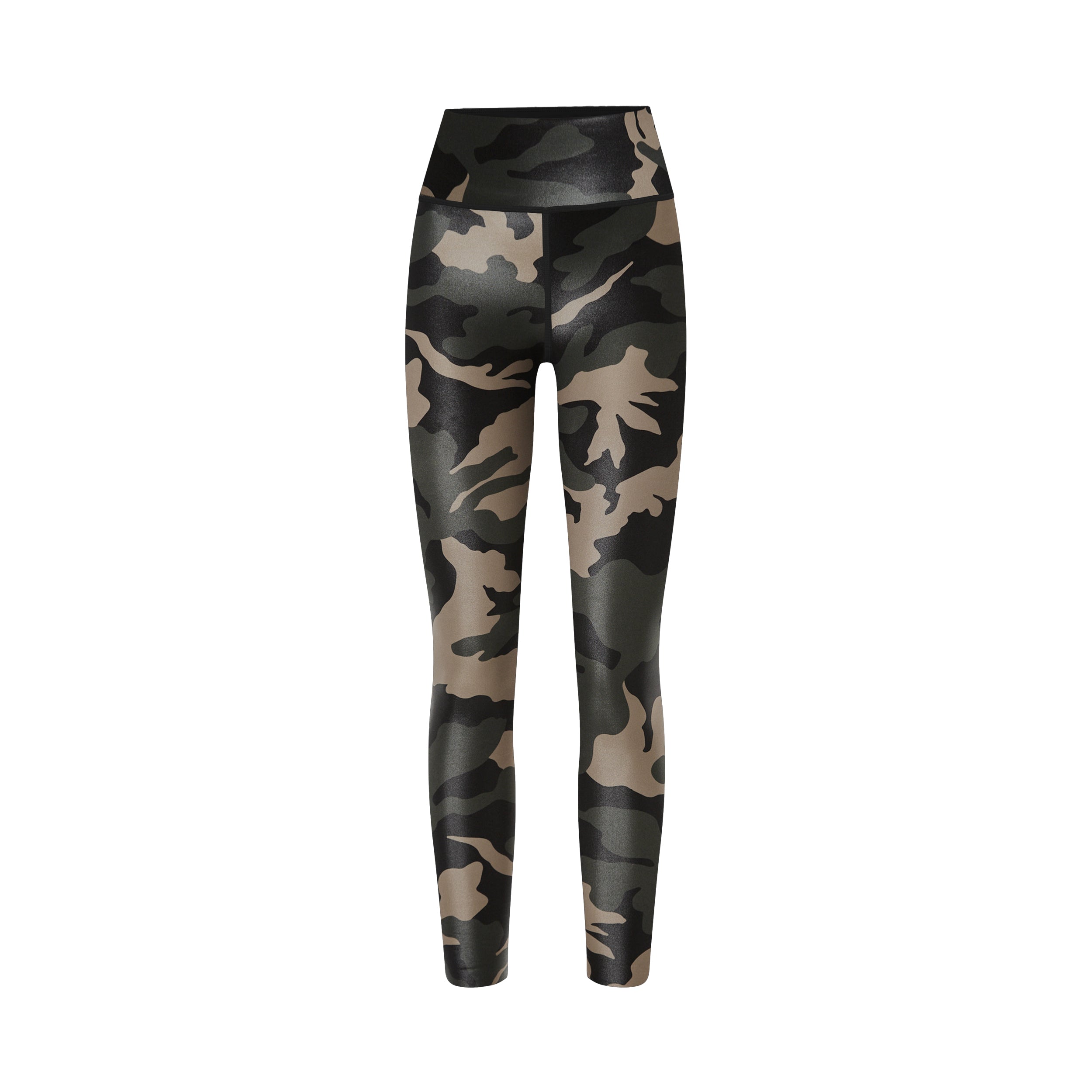Product view of lightweight, lustrous shine, quick drying camo printed liquid leggings