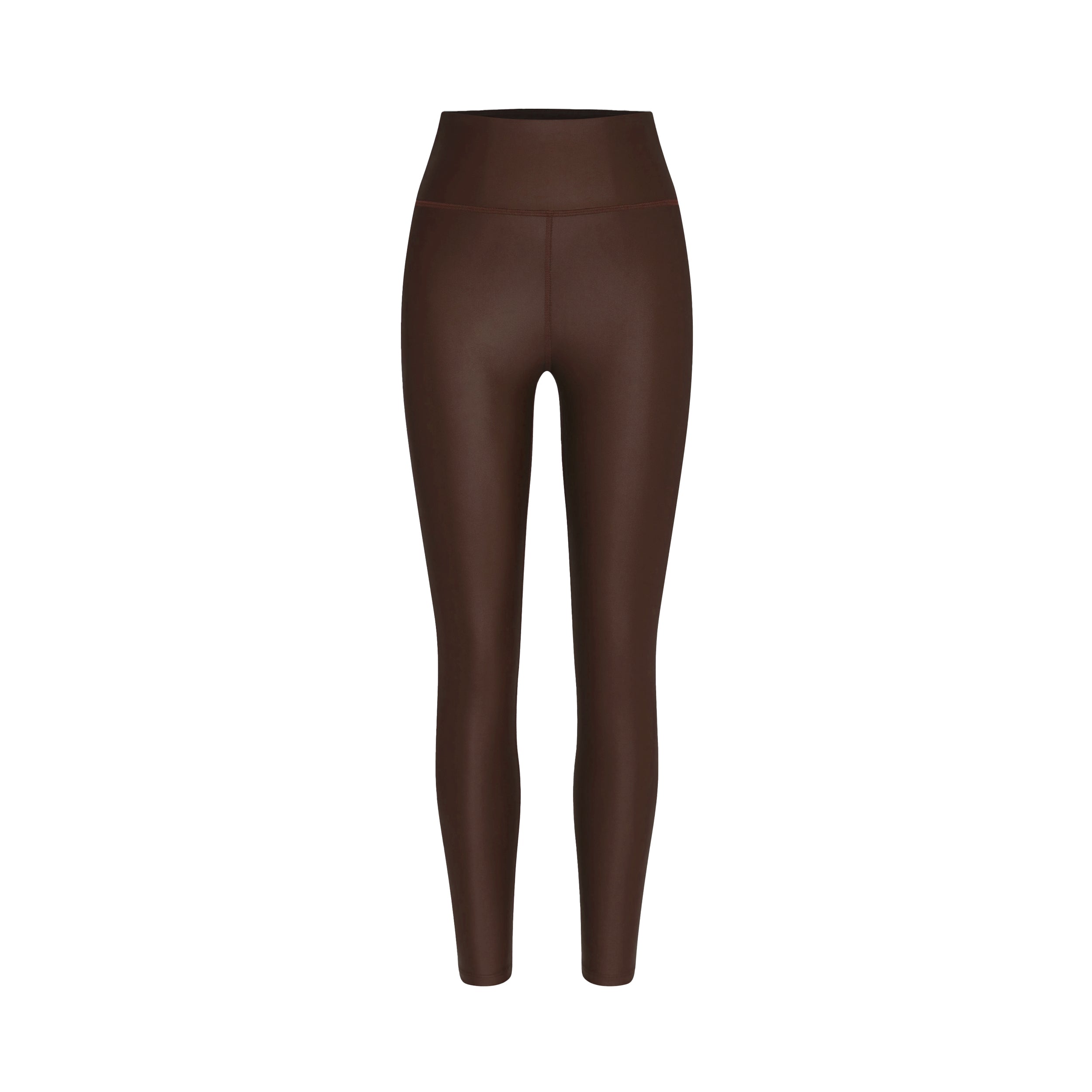Product view of lightweight, lustrous shine, quick drying dark brown liquid leggings
