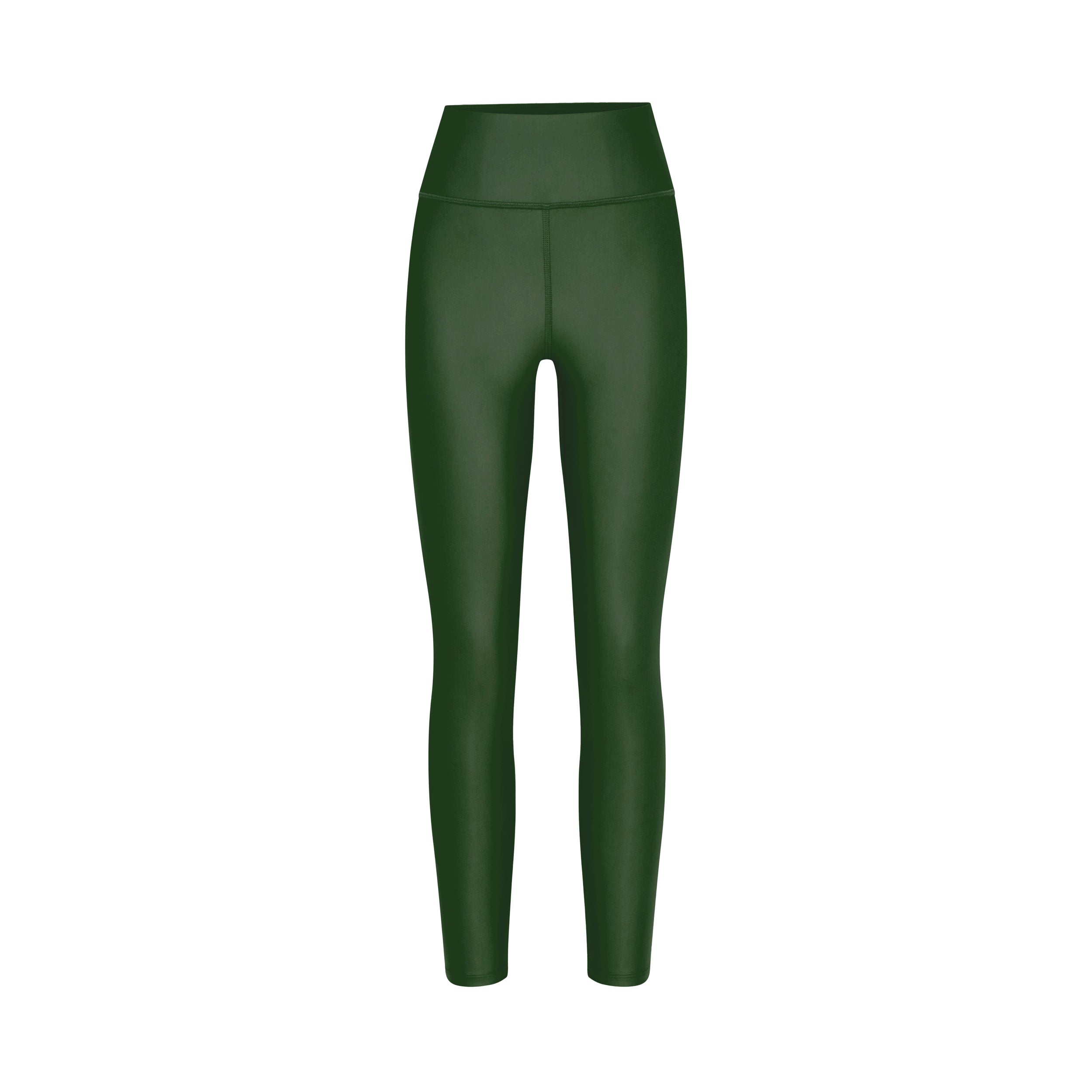 Product Front view of lightweight, lustrous shine, quick drying hunter green liquid leggings