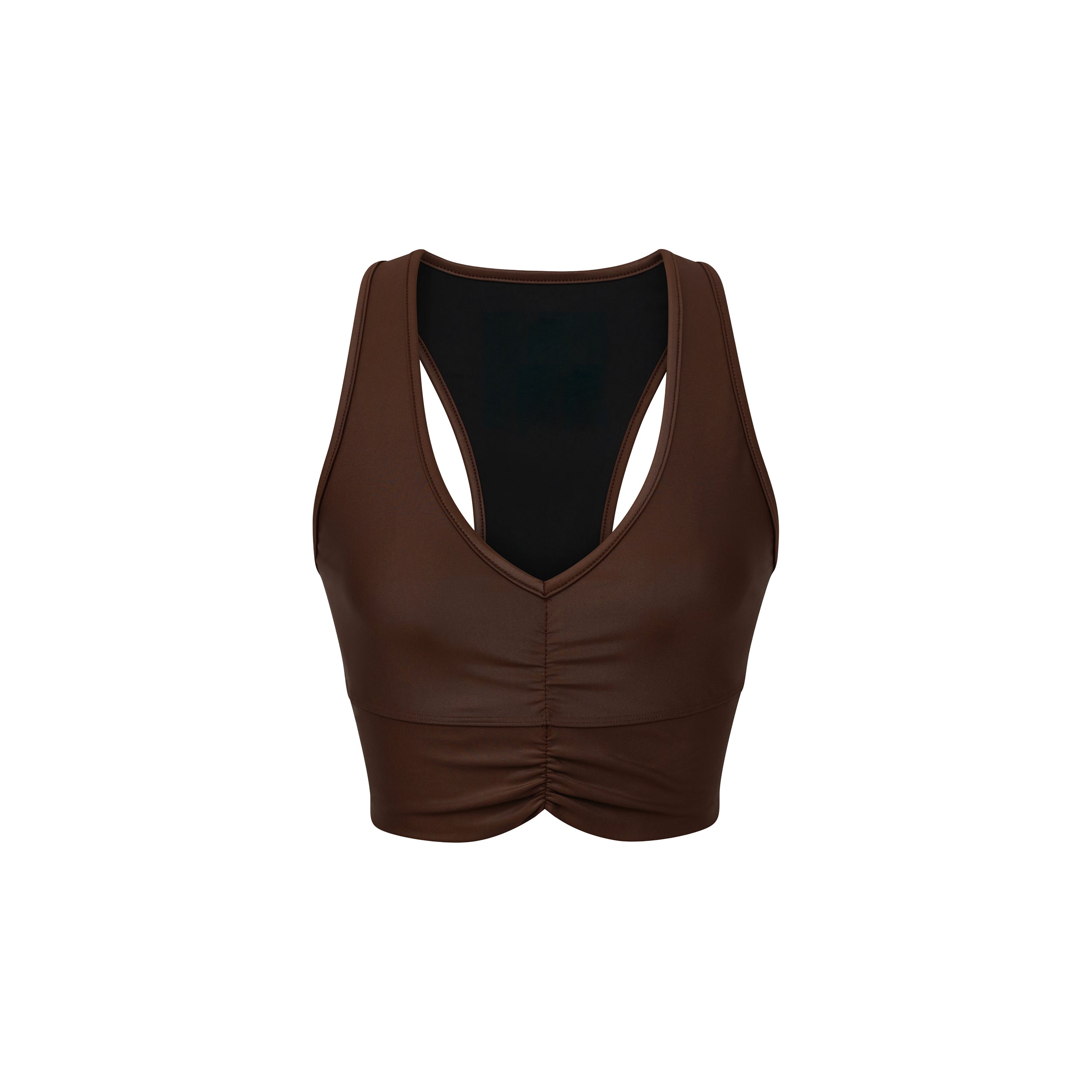 Product shot of dark brown gloss liquid bra featuring a supportive ruched front and racerback.