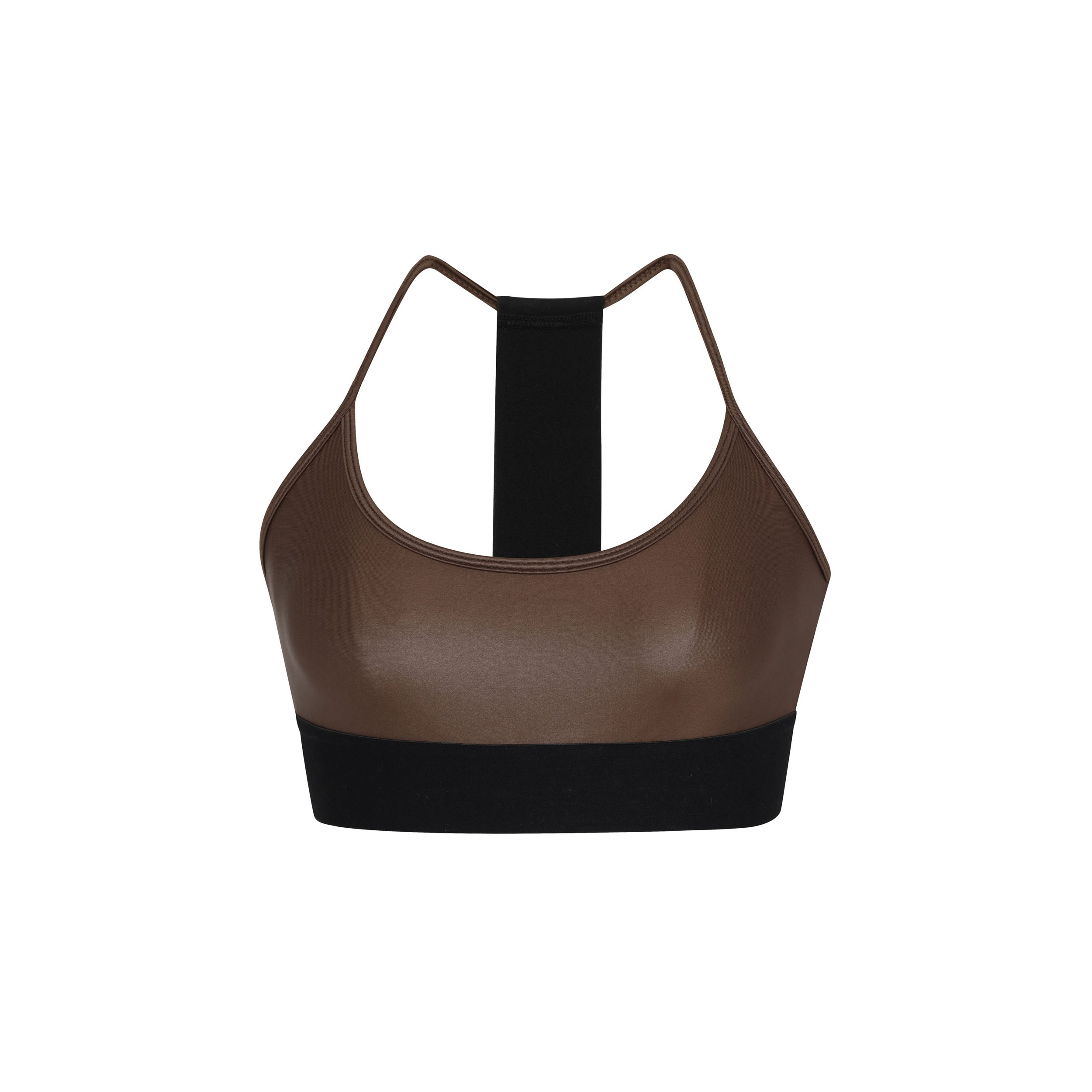 Product shot of brown sports bra featuring a scoop neckline with a supportive elastic band