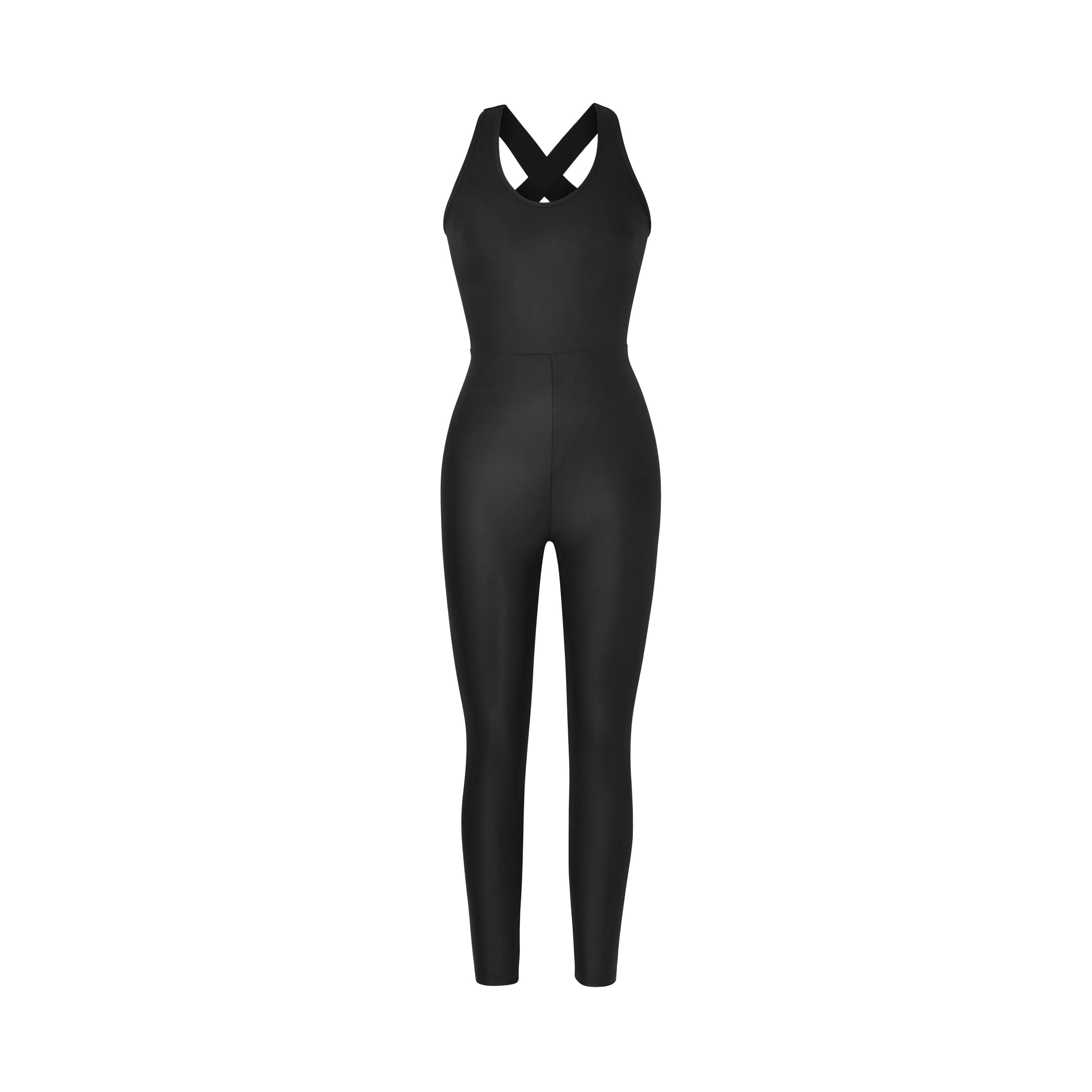 Product shot of black jumpsuit designed with a figure-flattering waistline and strappy back. Designed with our iconic Liquid shine fabric.
