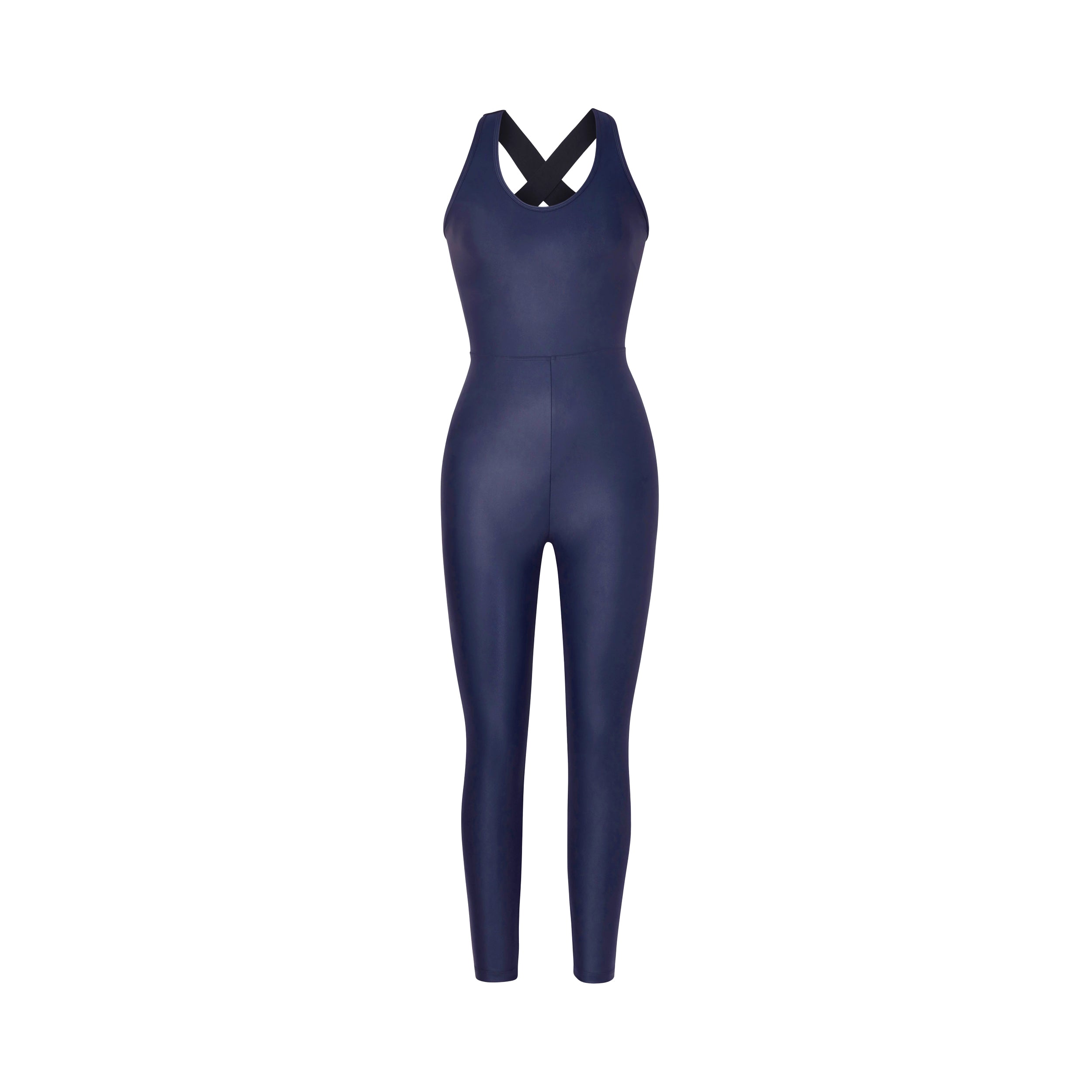 Product shot of navy jumpsuit designed with a figure-flattering waistline and strappy back. Designed with our iconic Liquid shine fabric.