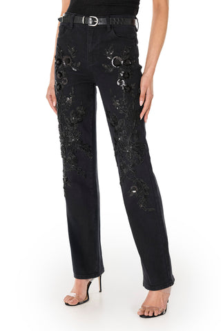 Stassi Floral Sequin Jean - Black