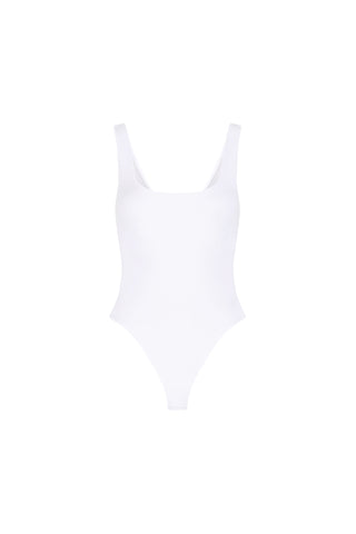 The Loren Bodysuit - White is a sleeveless stretch bodysuit with a scoop neckline and high-cut legs, designed for comfort and shown against a plain white background.