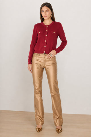 Loretta Knit Cardigan Top - Merlot styled view showing the structured knit and gold hardware