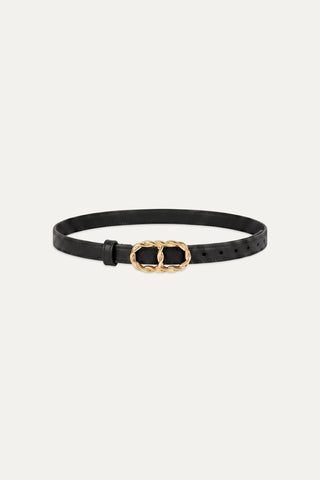 The Mabel Belt - Black/Gold brings a touch of sophistication to any outfit with its sleek black leather design and striking gold twisted buckle, making it the perfect fall accessory. Elegantly presented on a plain white background, this belt is sure to elevate your seasonal style.