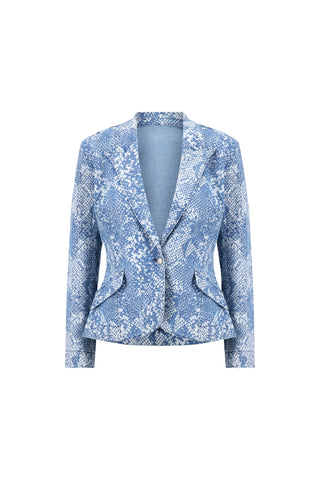 The Marie Single Breasted Blazer - Crystal Snake features a tailored blue and white snakeskin pattern, single button closure, notched lapels, long sleeves, and two front flap pockets, shown on a plain white background.