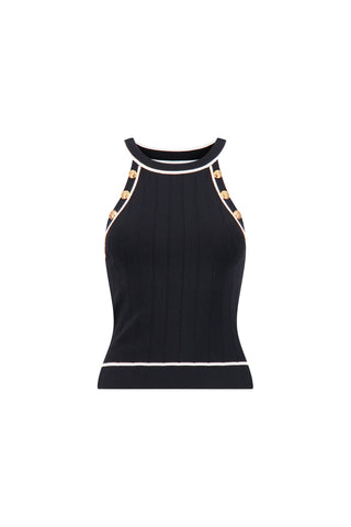 The Martha Button Halter Tank in black is a sleeveless ribbed knit halter with a high neckline, gold dome buttons on the armholes, and white trim at the neckline and hem.