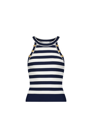 The Martha Button Halter Tank - Navy Stripe is a sleeveless knit top featuring a high neckline and gold dome buttons on the shoulders and armholes.