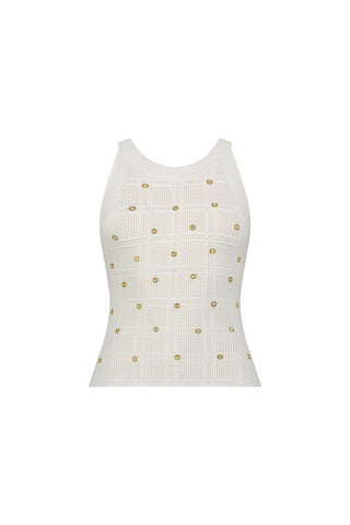 The Mary Embellished Top - Pearl is a white sleeveless halter tank with a fitted silhouette, high neckline, grid-pattern crochet knit, and small gold circular embellishments at each intersection for a boutique look.