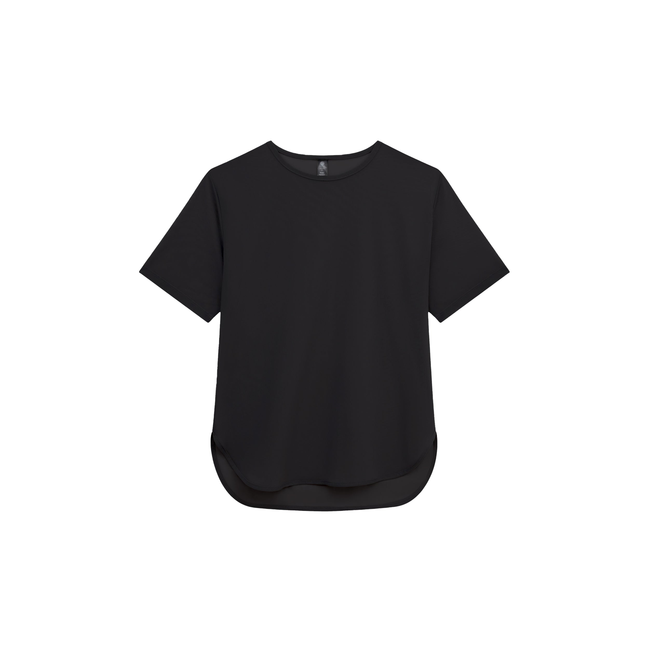 Product shot of ultra-stretchy and silky soft black mesh shirt, featuring short sleeves and classic neckline