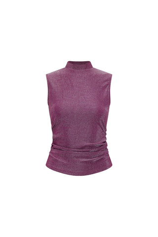 The Mia Shimmer Tank - Amethyst is a sleeveless, high-neck purple top with a fitted waist and subtle side ruching, shown on a white background.