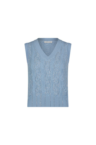 The Mikaela Crystal Knit Tank in Sky Blue features a sleeveless v-neck and raised textured design, shown against a white background—a chic resort-ready top ideal for stylish layering.