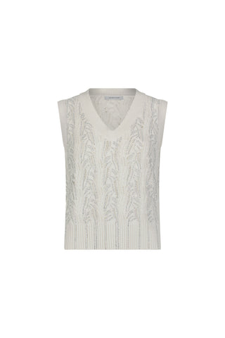 The Mikaela Crystal Knit Tank in white features a sleeveless design, glamorous v-neck, and textured cable knit front, showcased on a plain white background.