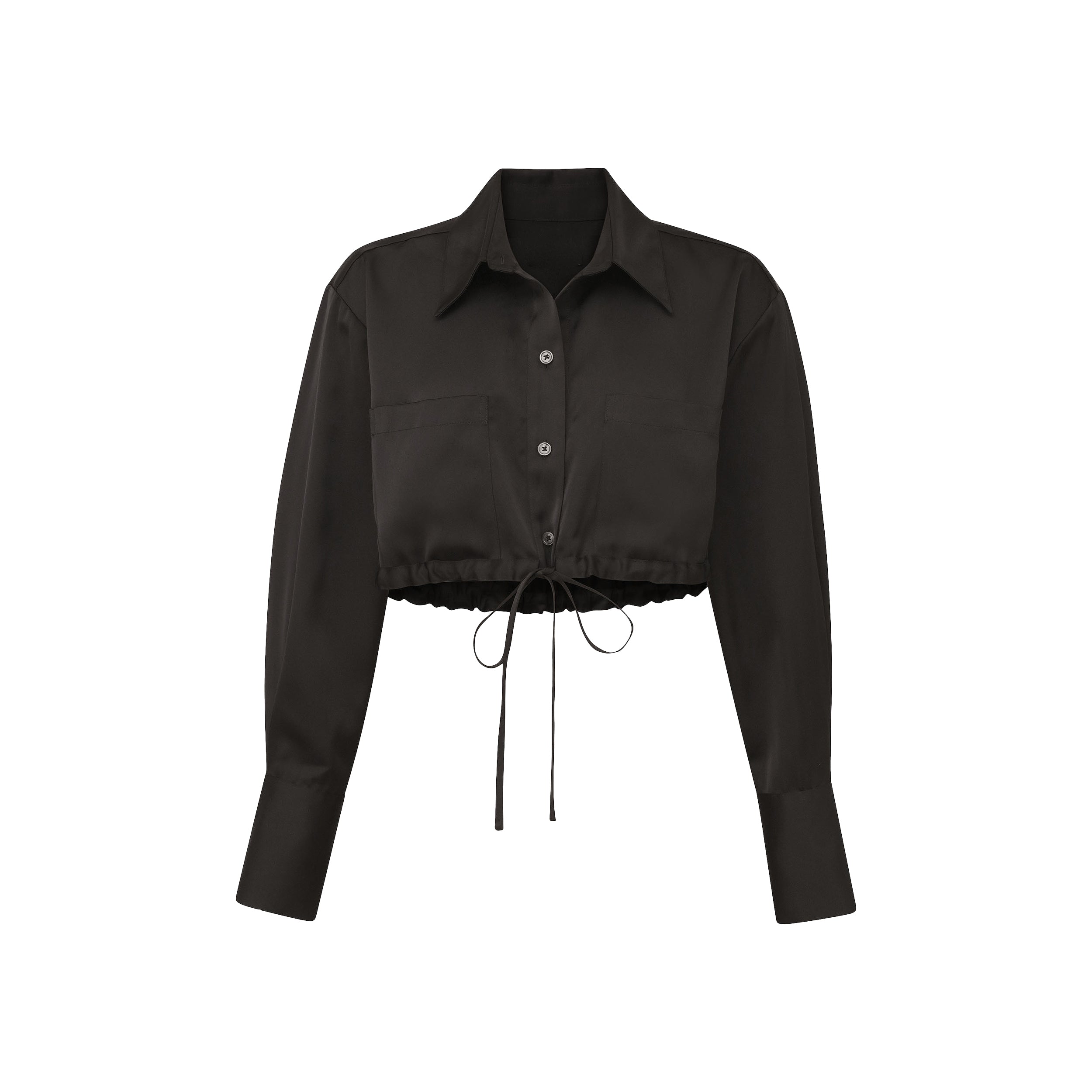 Product shot of black Milan Satin Button Up features luxurious and structured satin-like fabric, featuring cargo detailing, shell buttons and a tie-waist